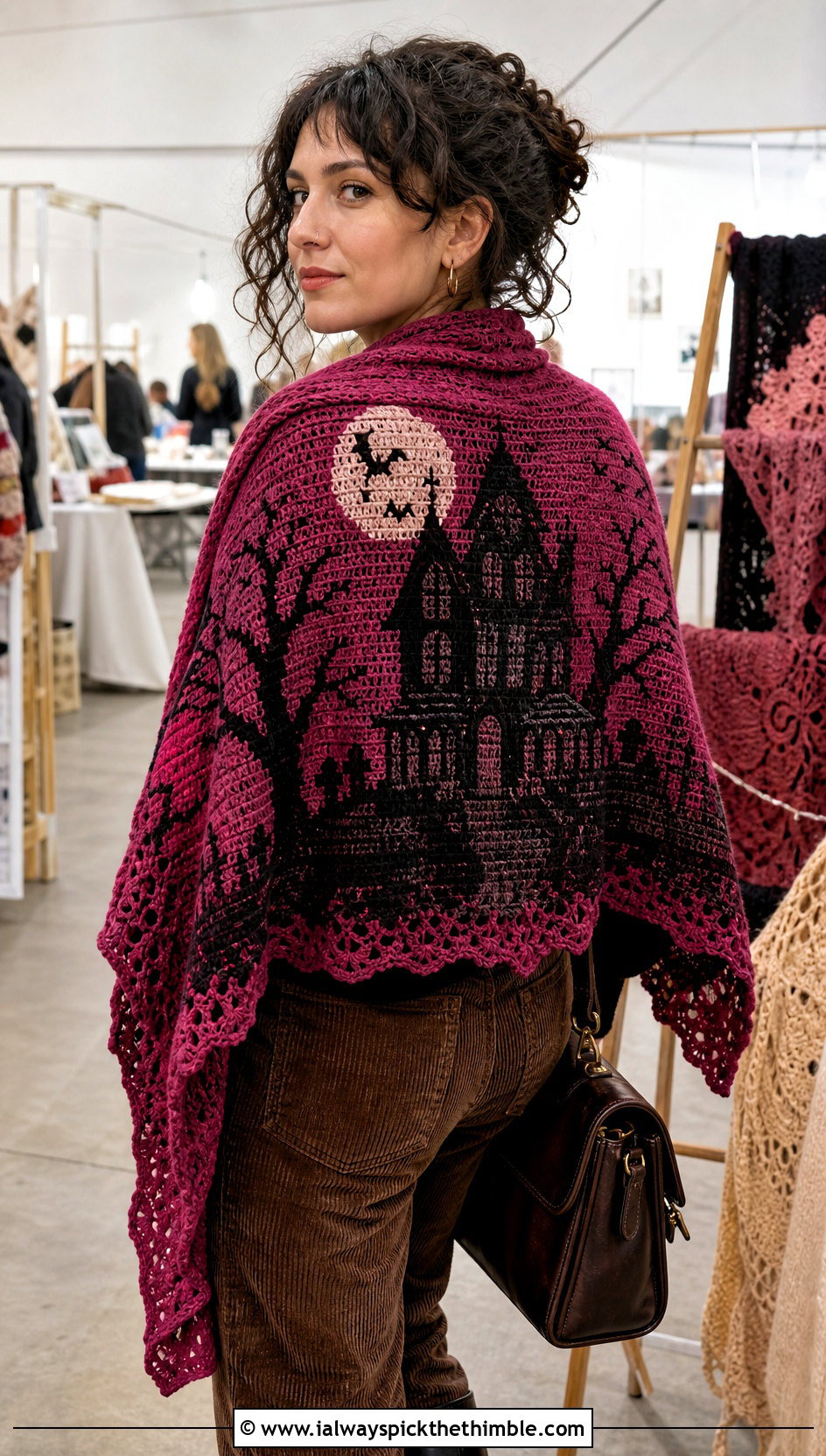 Haunted House Tapestry Crochet Wrap With Corduroy Pants - 20 halloween crochet shawl outfit ideas
