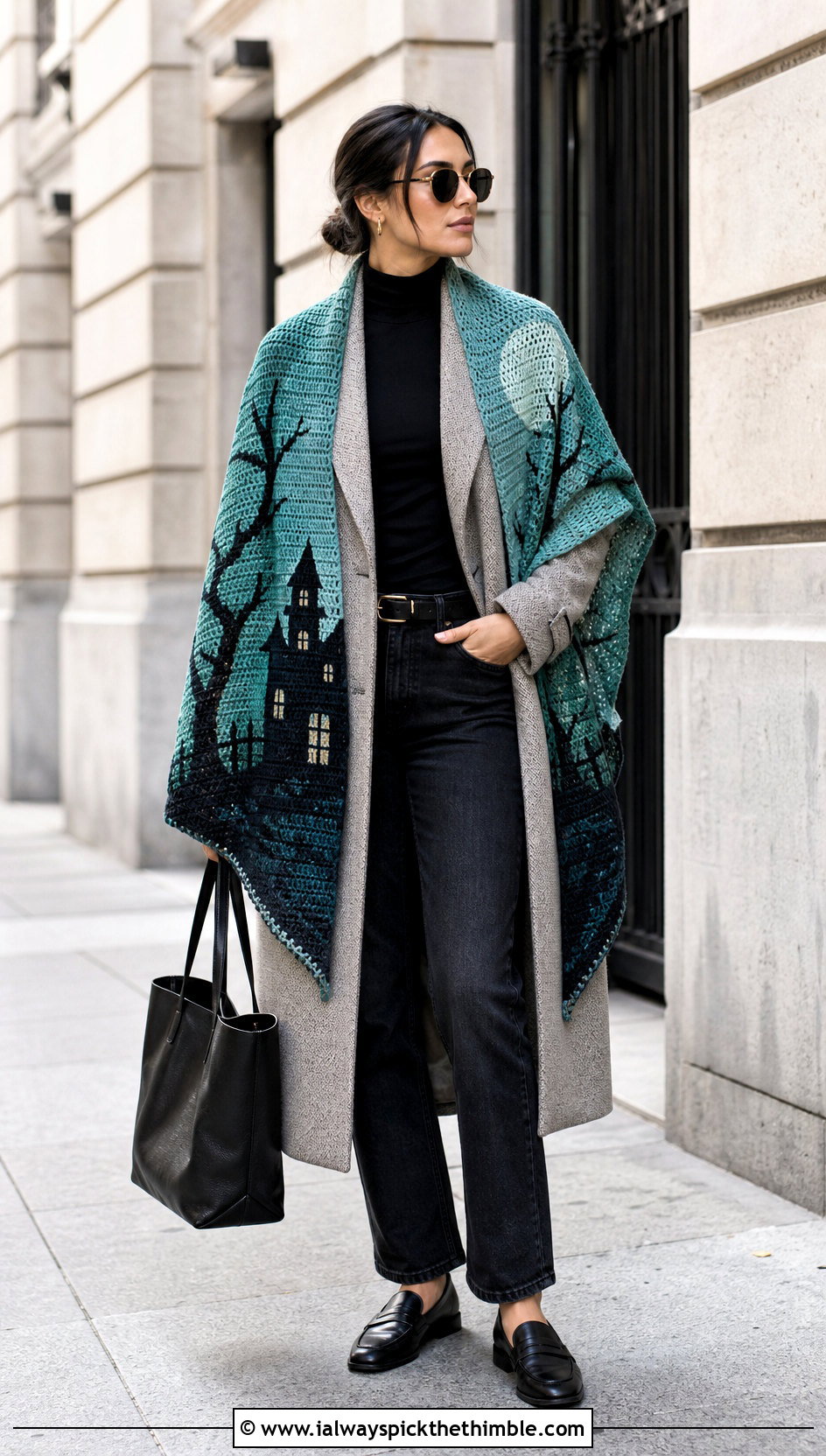 Haunted House Tapestry Shawl With Trench Coat - 20 Crochet Halloween Shawl outfit ideas