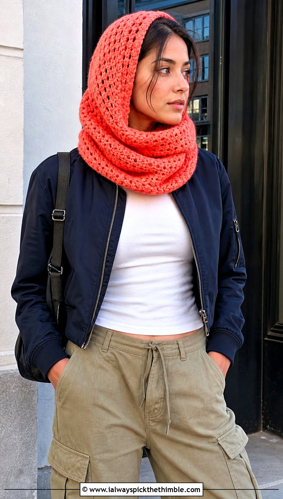 Head Wrap Infinity Crochet Snood Scarf With Bomber Jacket - 20 crochet snood scarf outfit ideas
