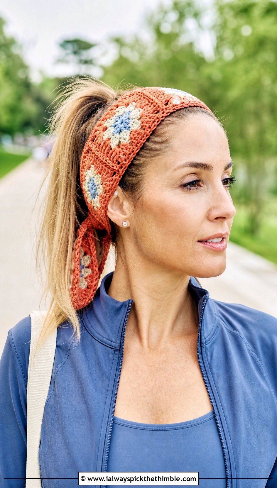 Headband Granny Square Head Scarf With Athleisure Set - 25 granny square head scarf outfit ideas