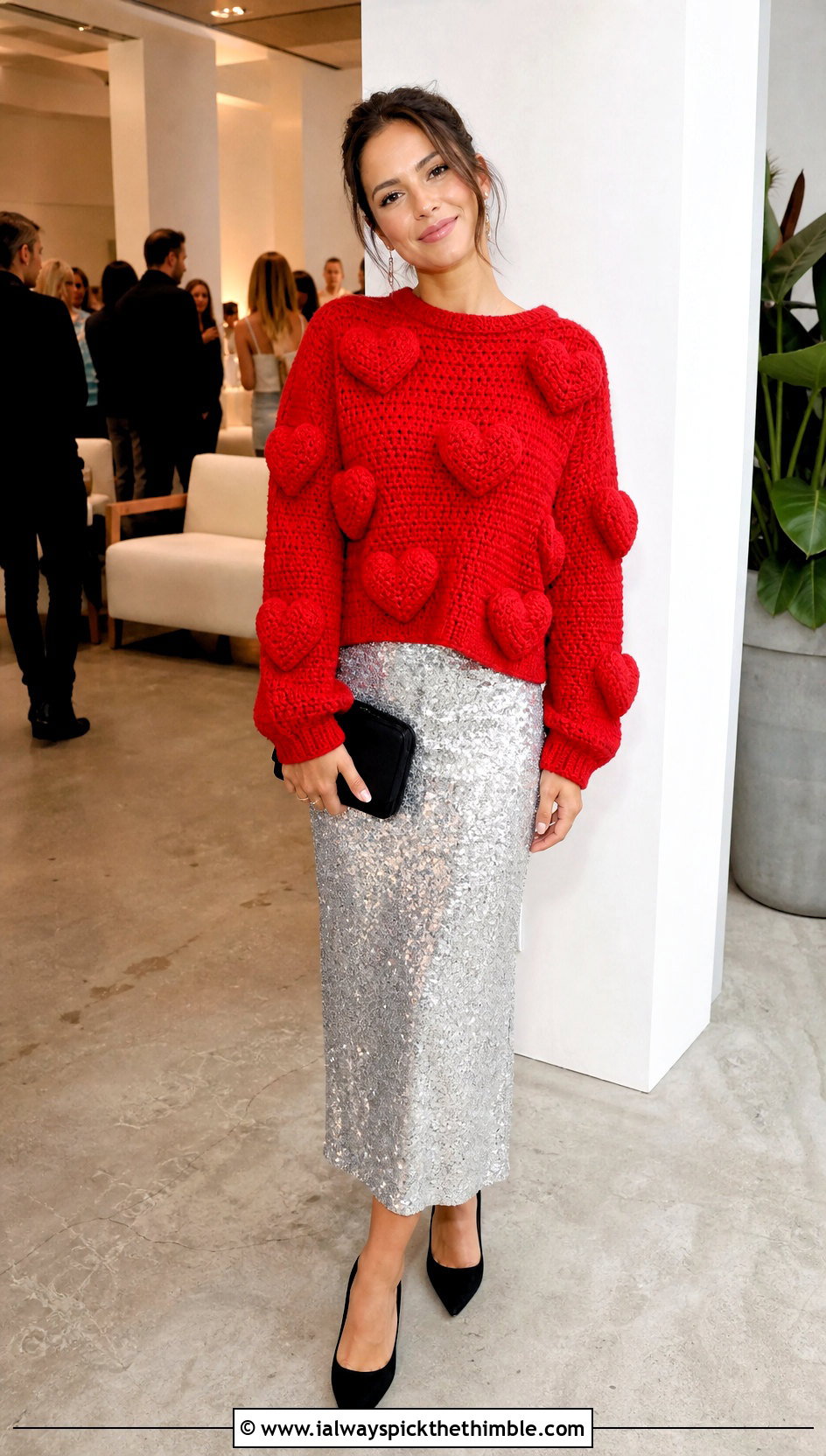 Heart Amigurumi Sweater With Sequin Midi Skirt - 20 amigurumi sweater outfit ideas