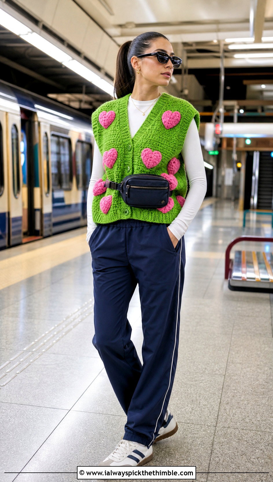 Heart Amigurumi Vest With Track Pants And Retro Sneakers - 15 Crochet Amigurumi Vest outfit ideas