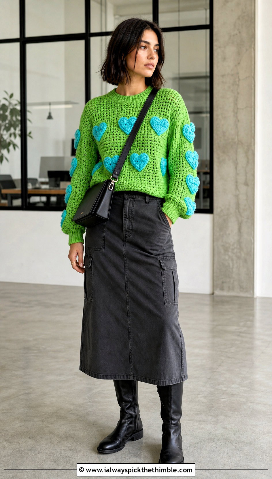 Heart Applique Crochet Sweater With Utility Skirt - 25 crochet heart sweater outfit ideas