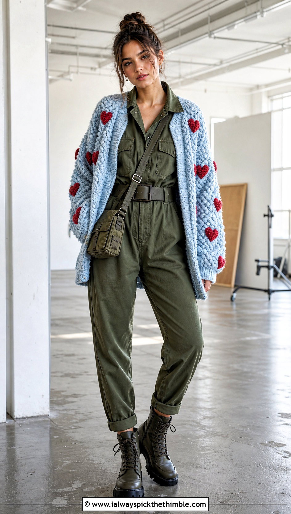 Heart Bobble Stitch Cardigan With Utility Jumpsuit - 25 crochet heart cardigan outfit ideas