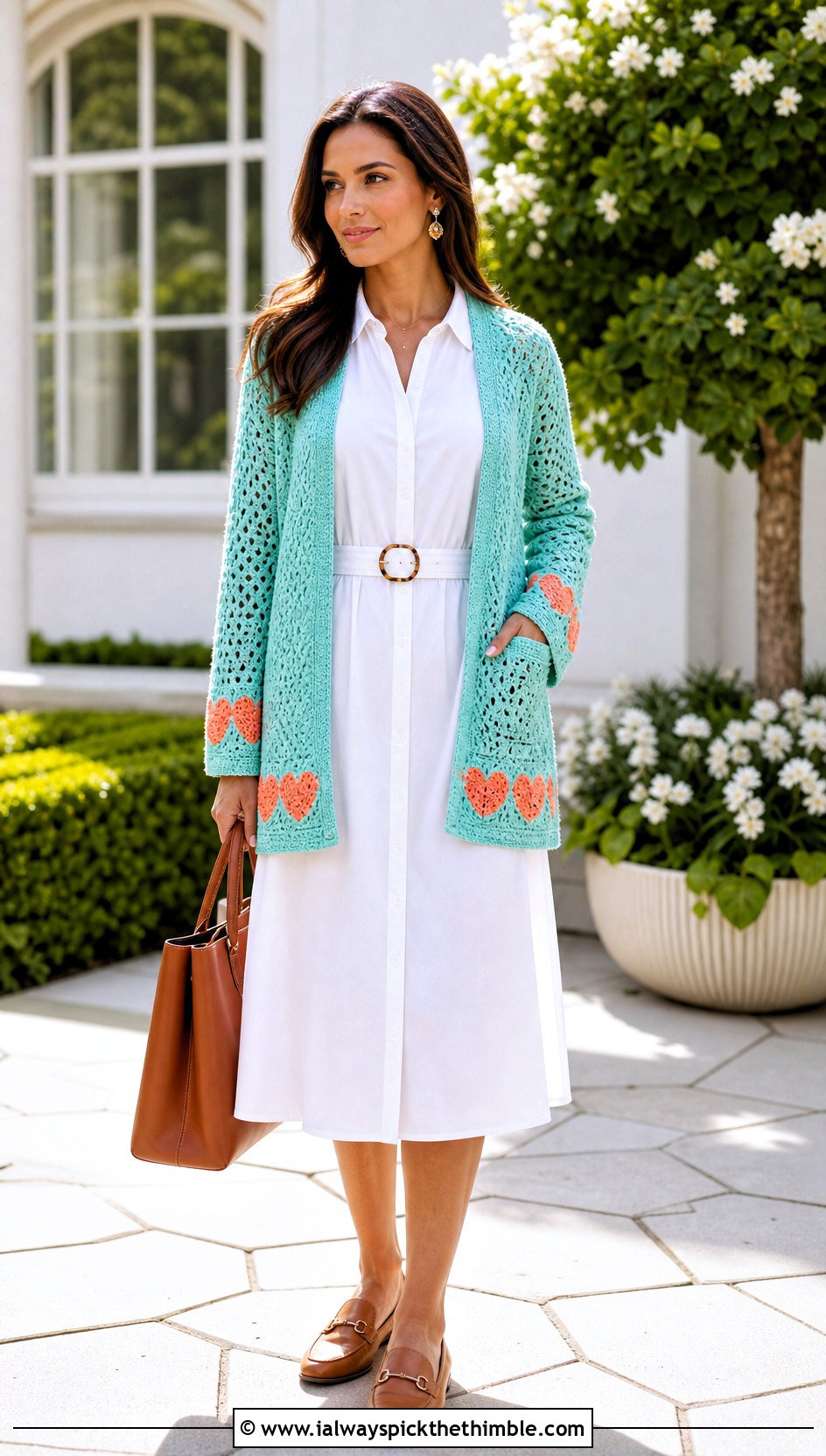 Heart Border Cardigan With Shirt Dress - 25 crochet heart cardigan outfit ideas