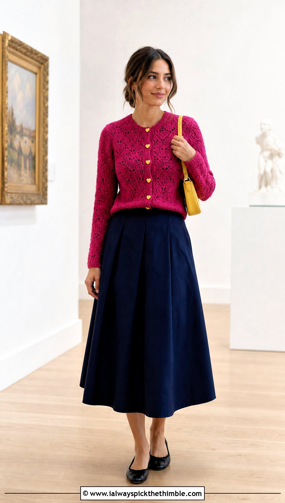 Heart Button Cardigan With A Line Skirt - 25 crochet heart cardigan outfit ideas