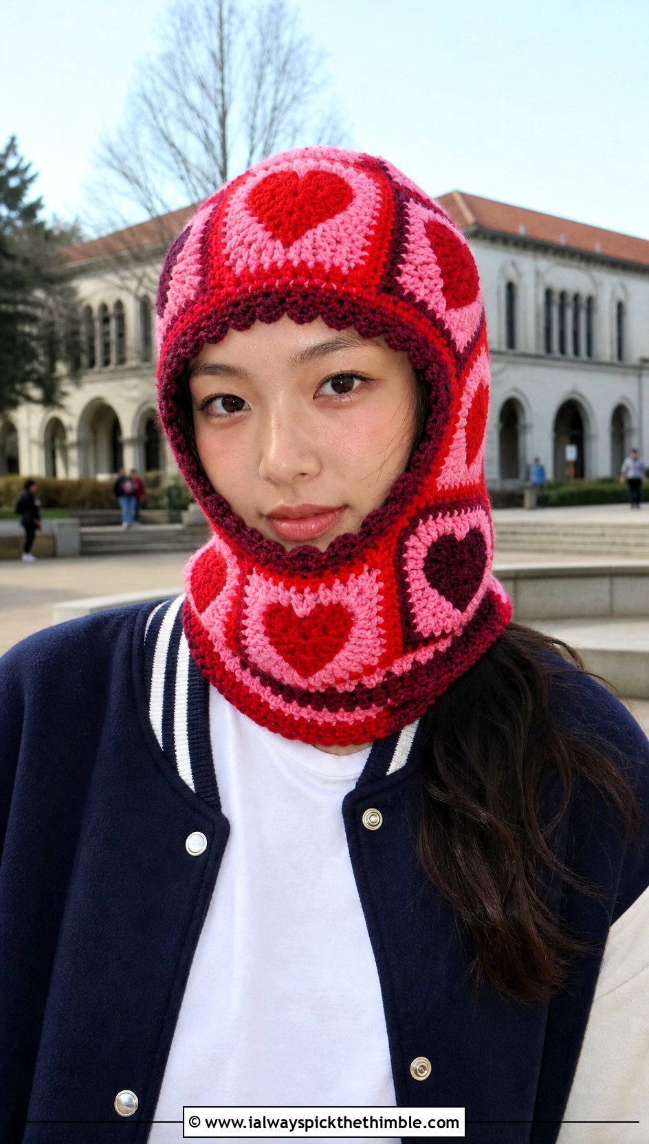 Heart Center Granny Square Balaclava With Varsity Jacket And Denim Skirt - 25 granny square balaclava outfit ideas