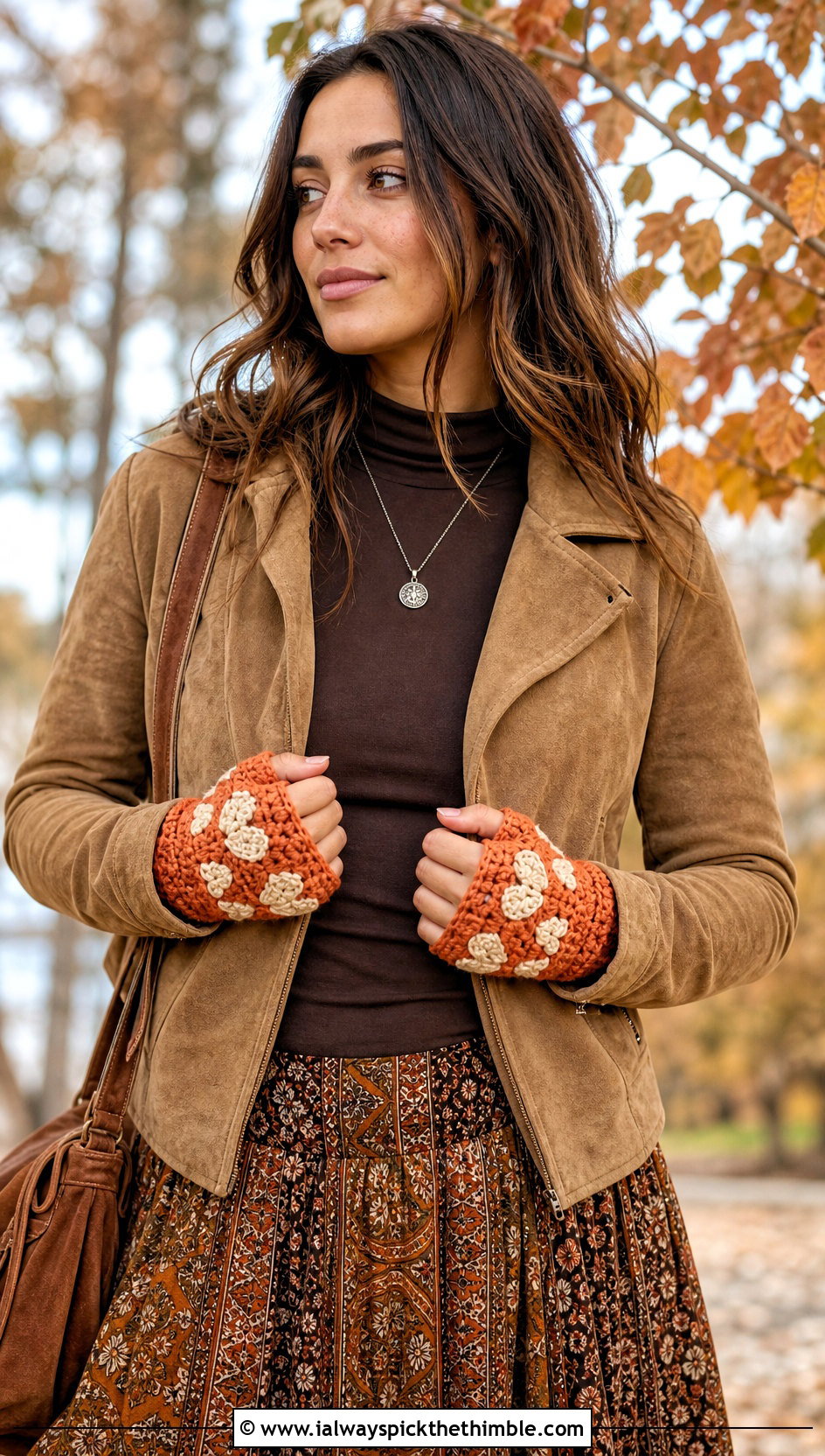 Heart Cluster Hand Warmers With Boho Maxi Skirt - 15 Heart Crochet Gloves outfit ideas