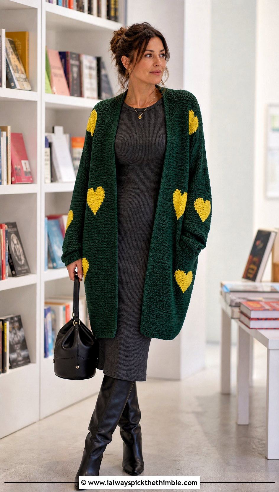 Heart Cocoon Cardigan With Ribbed Midi Dress - 25 crochet heart cardigan outfit ideas