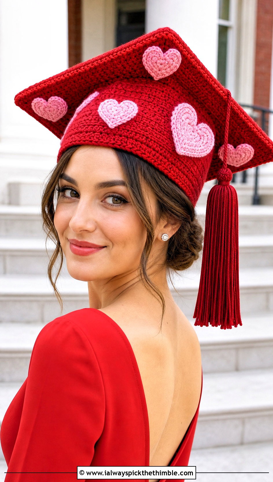 Heart Crochet Graduation Cap With Red Midi Dress - 25 crochet graduation cap outfit ideas