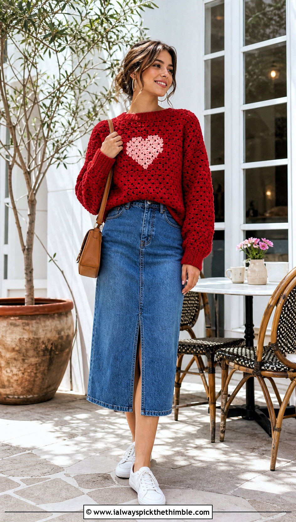 Heart Crochet Graph Sweater With Denim Midi Skirt - 20 crochet graph sweater outfit ideas