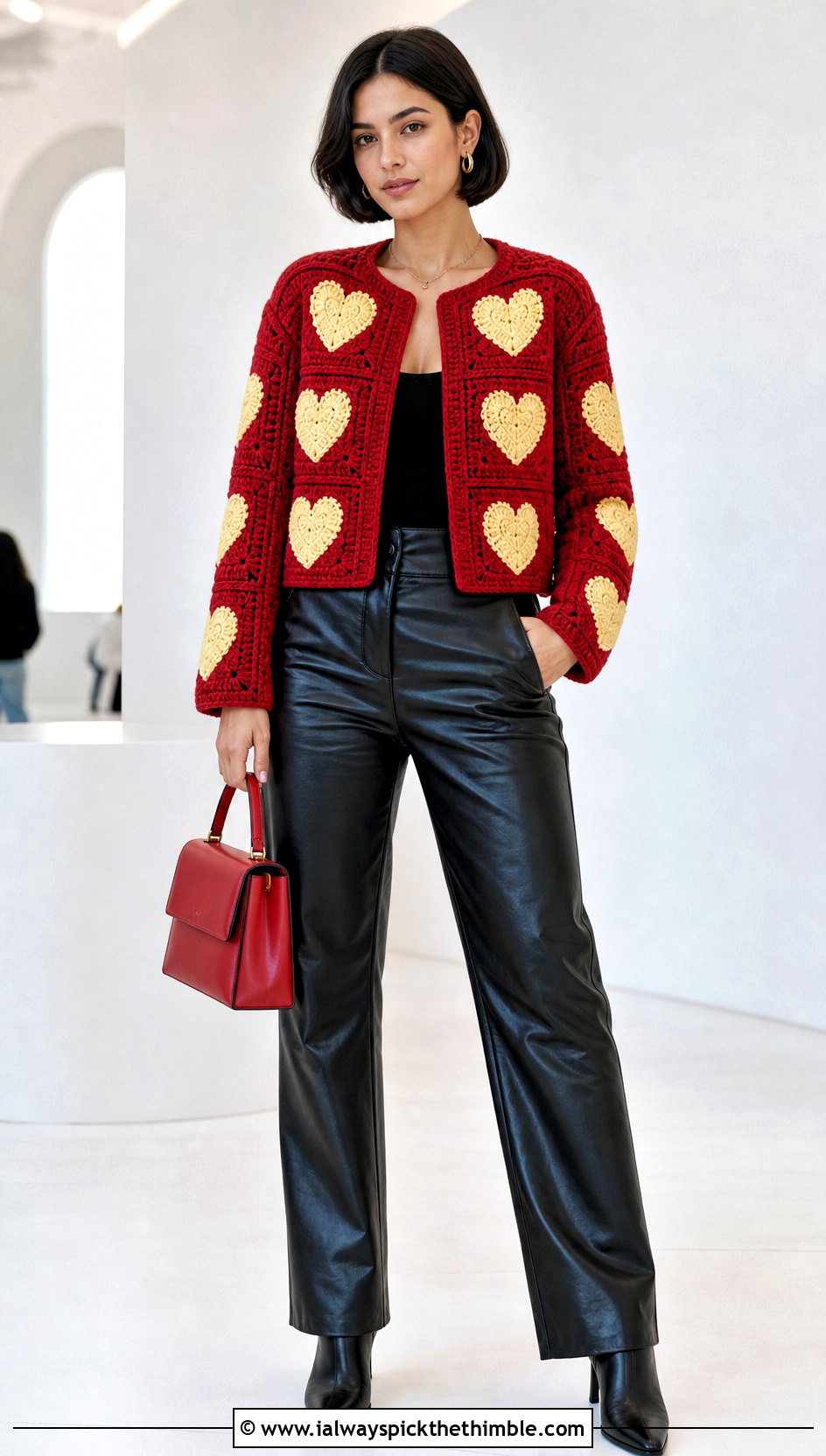 Heart Crochet Jacket With Leather Pants - 15 heart crochet clothing and outfit ideas