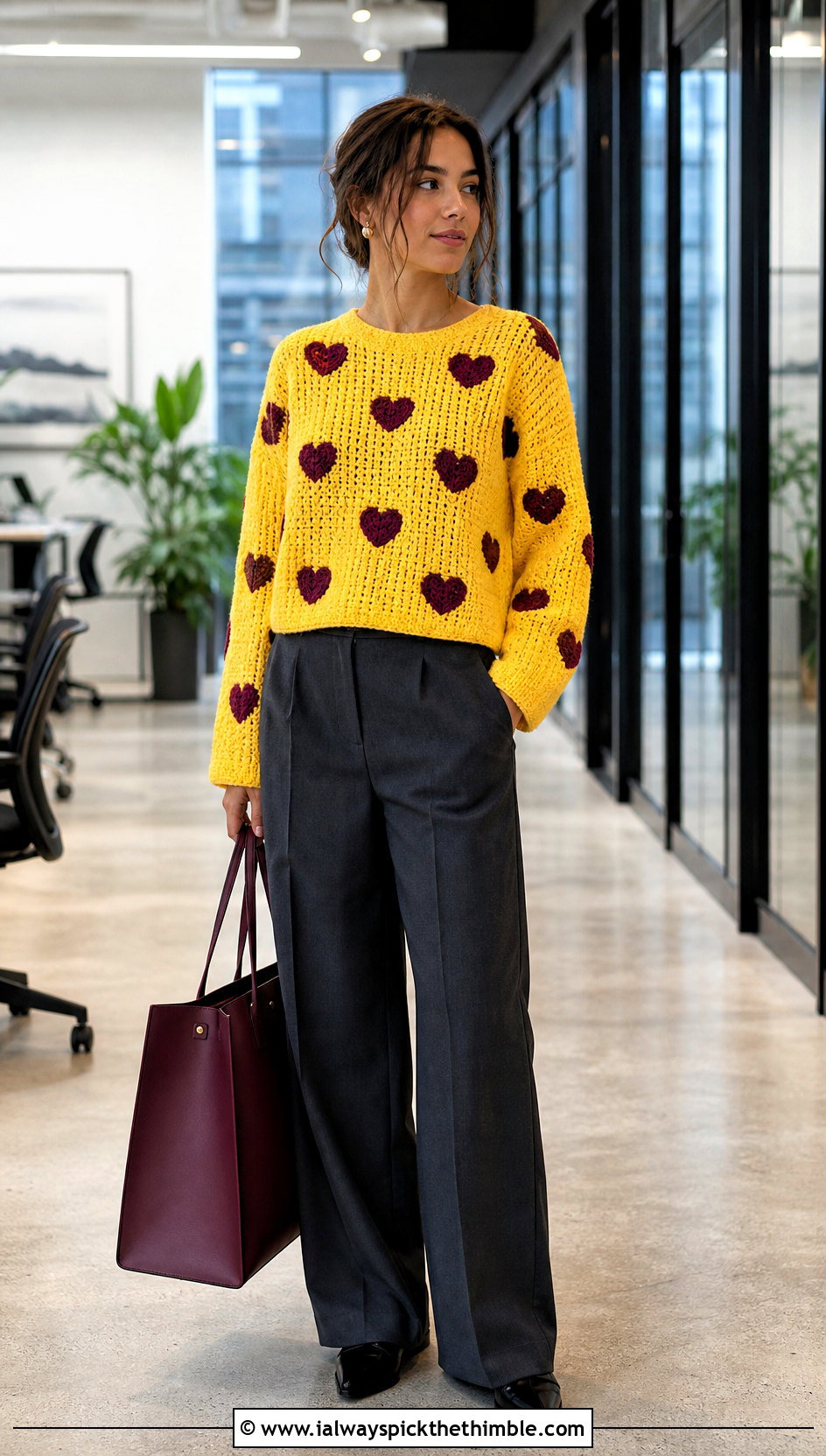Heart Crochet Sweater With Tailored Trousers - 15 heart crochet clothing and outfit ideas