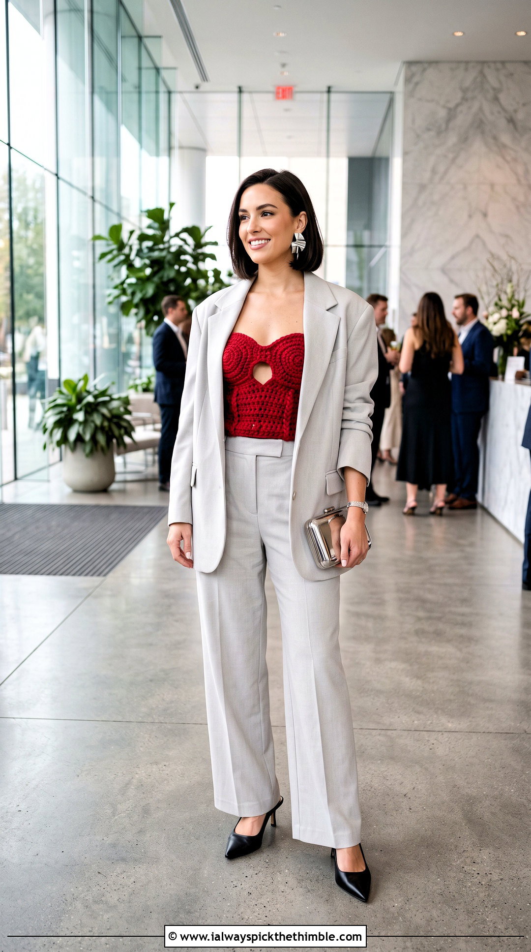 Heart Cut Out Crochet Bustier Top With Oversized Suit - 20 Heart Cut Out Crochet Top outfit ideas