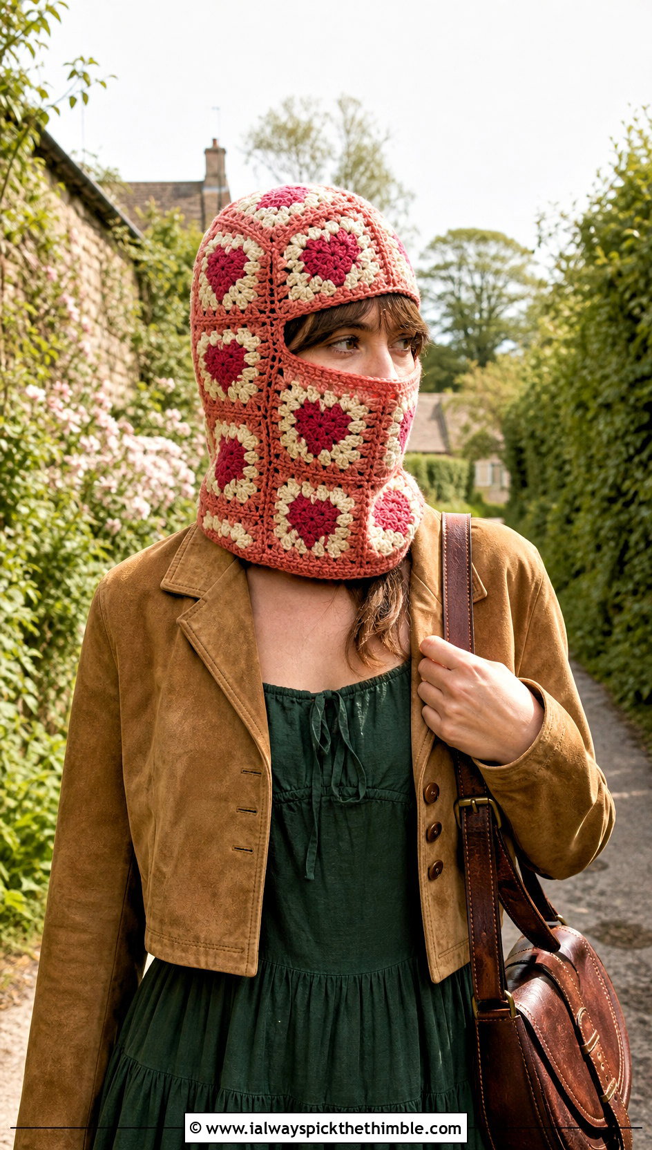 Heart Granny Square Balaclava With Prairie Dress - 20 crochet granny square balaclava outfit ideas