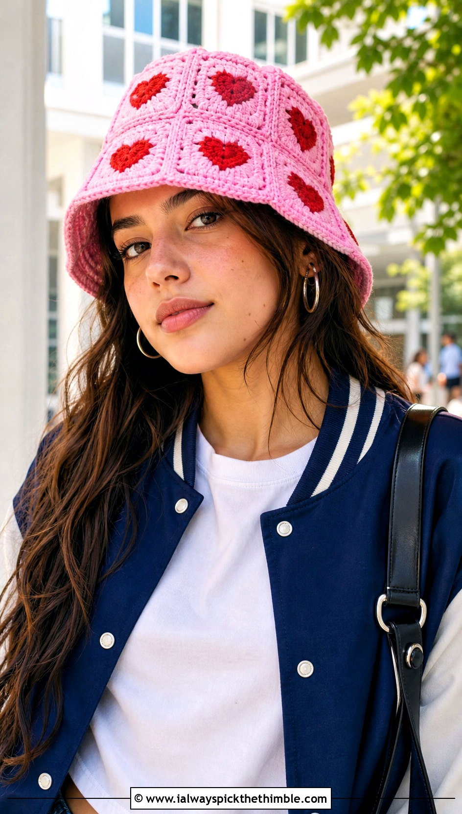 Heart Granny Square Bucket Hat With Varsity Jacket - 25 granny square hats outfit ideas
