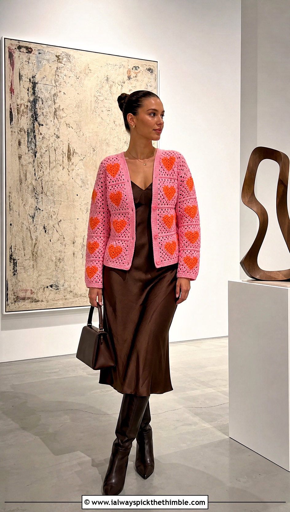 Heart Granny Square Cardigan With Satin Slip Dress - 25 crochet heart sweater outfit ideas