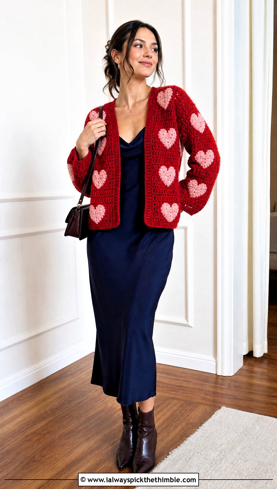 Heart Granny Square Cardigan With Slip Dress - 20 Crochet Fall Granny Square Cardigan outfit ideas