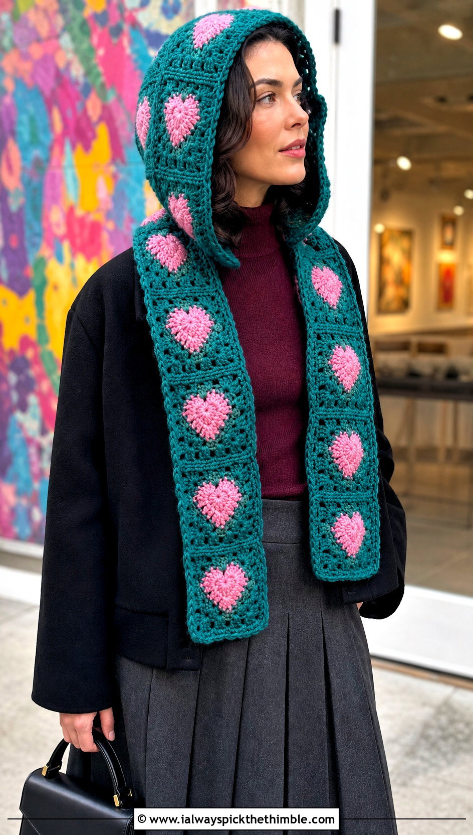 Heart Granny Square Crochet Hooded Scarf With Pleated Skirt - 20 Granny Square Crochet Hooded Scarf outfit ideas