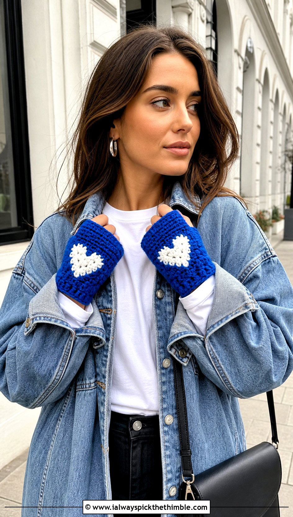 Heart Granny Square Fingerless Gloves With Denim Jacket - 15 Heart Crochet Gloves outfit ideas