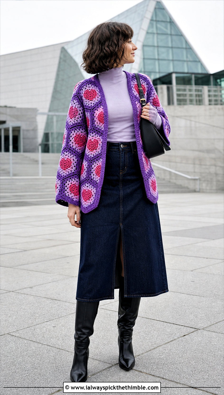 Heart Granny Square Hexagon Crochet Cardigan With Denim Midi Skirt - 20 Hexagon Crochet Cardigan With Granny Squares outfit ideas