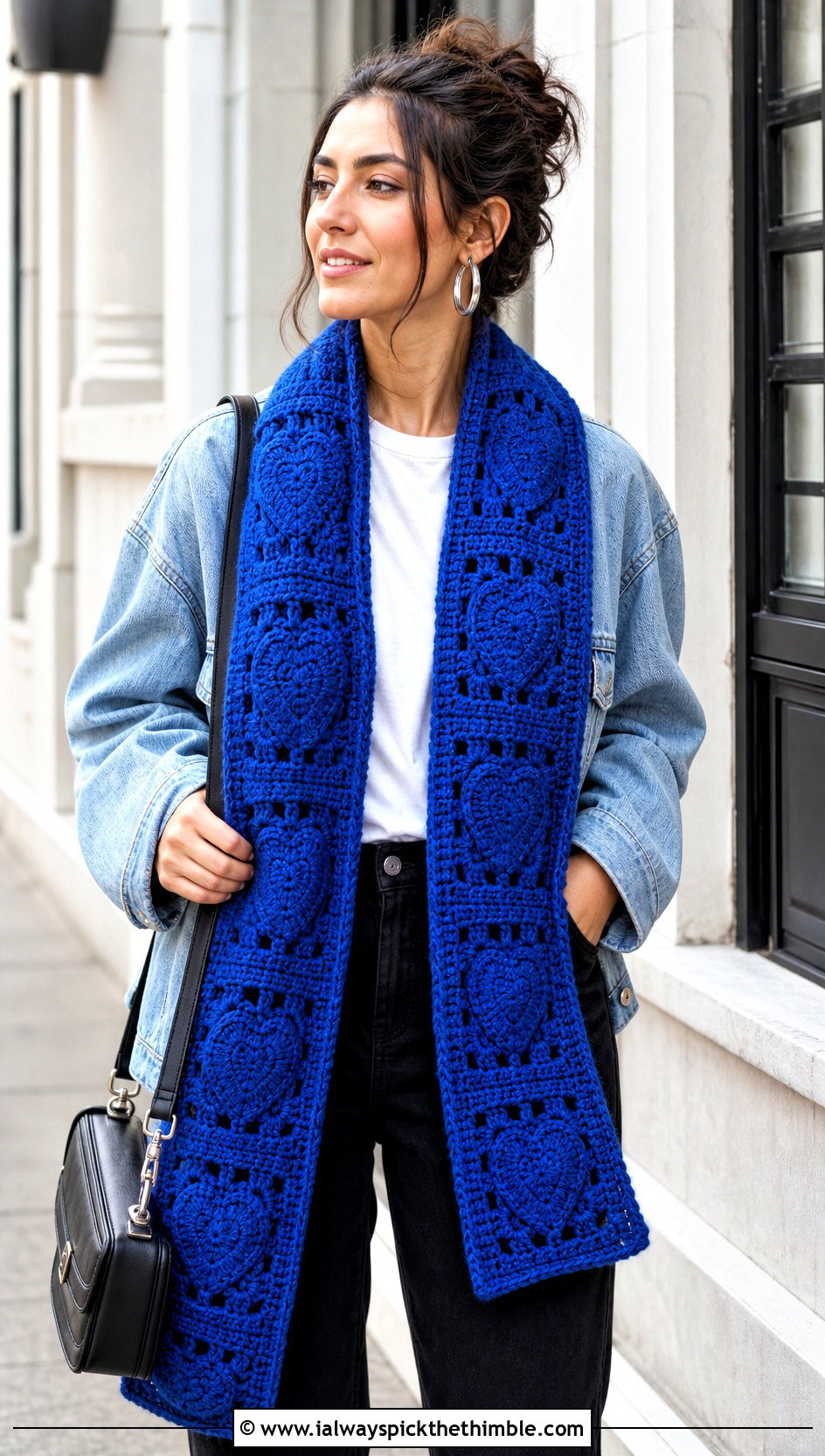 Heart Granny Square Scarf With Denim Jacket - 20 crochet heart scarf outfit ideas