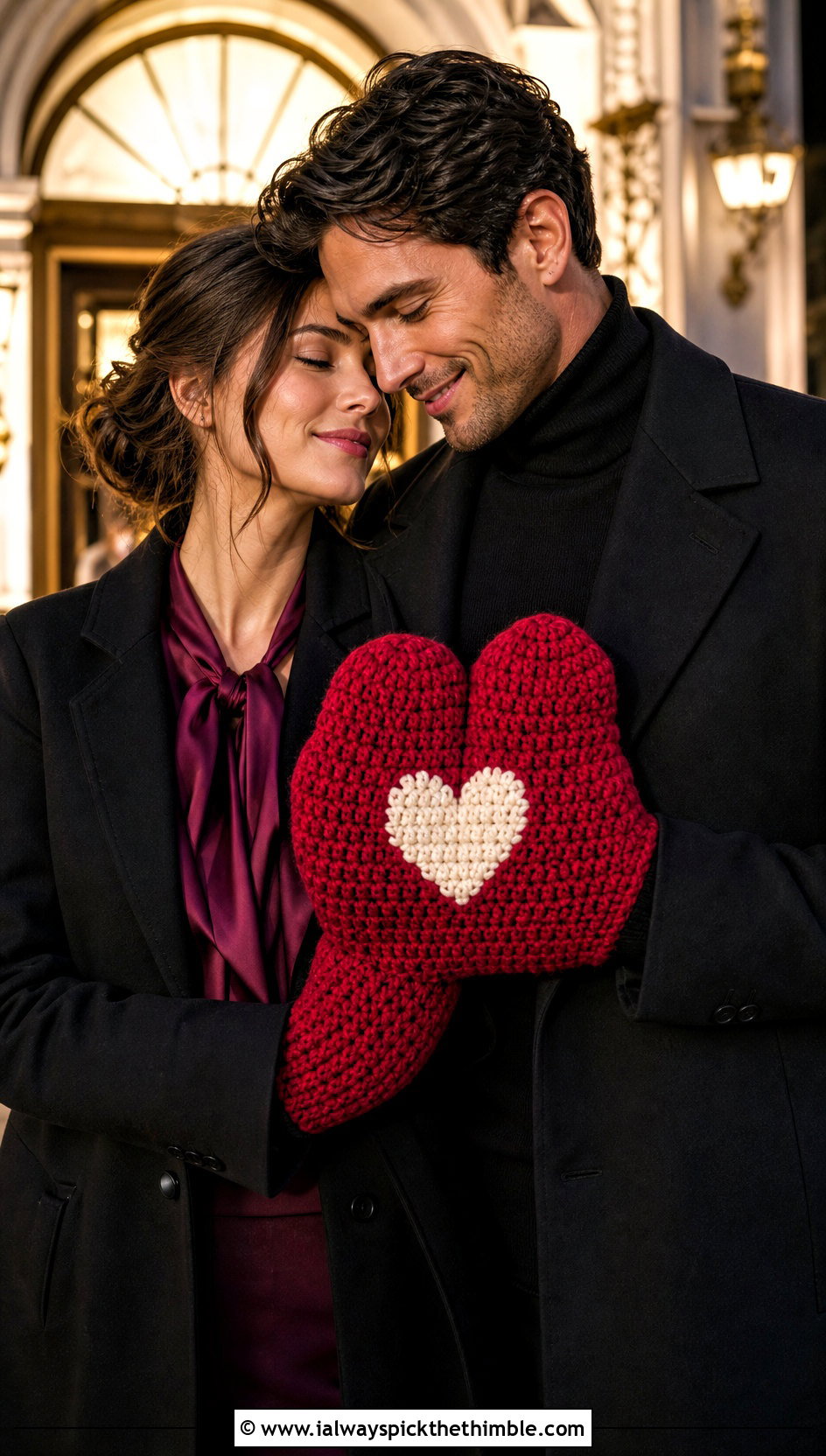 Heart Motif Couple Mittens With Evening Outfits - 20 crochet couple mittens outfit ideas