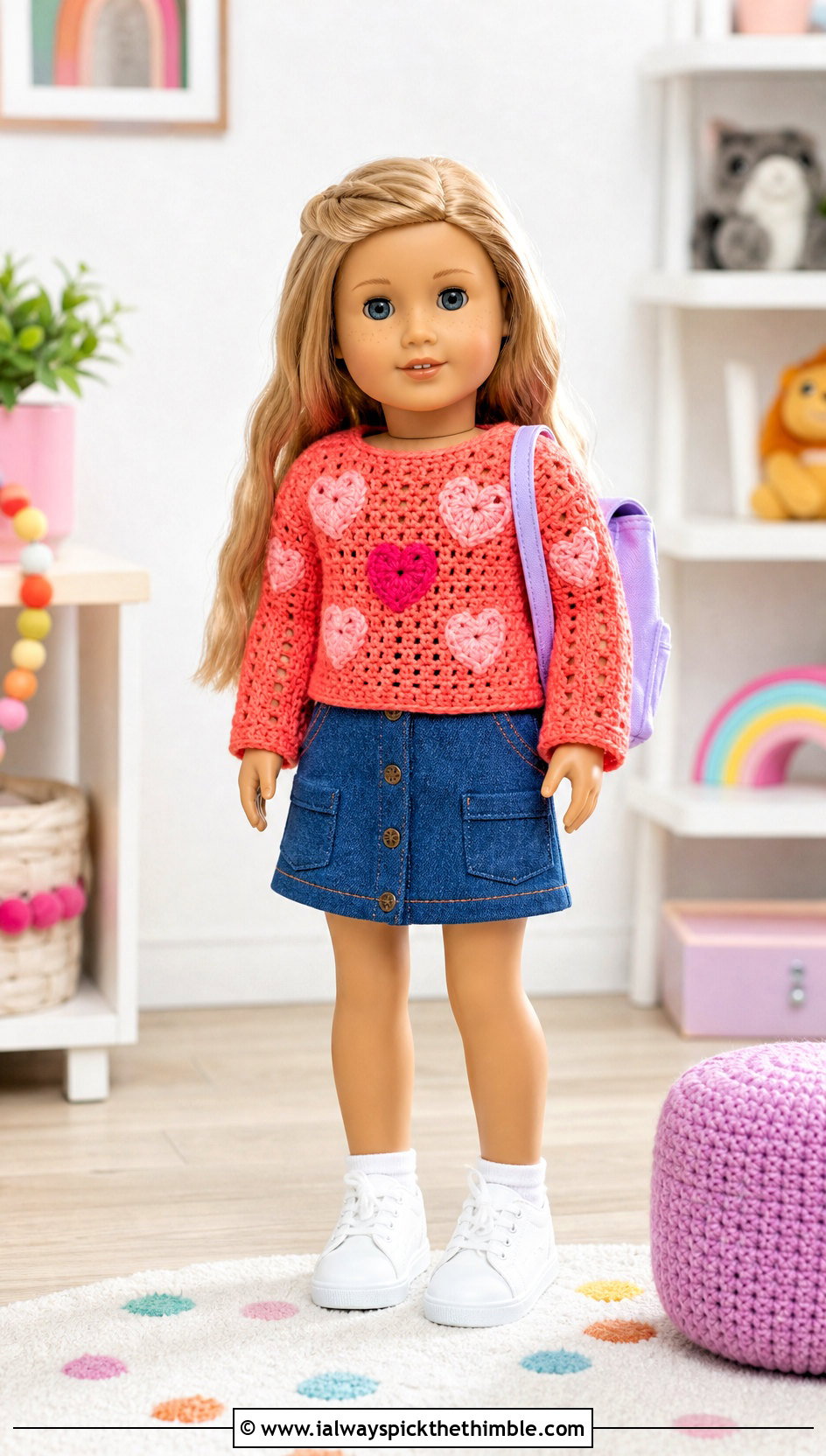 Heart Motif Crochet Doll Sweater With Denim Skirt - 25 crochet doll sweater outfit ideas