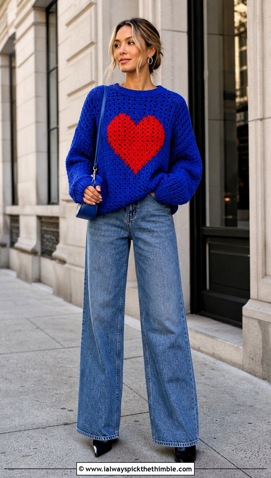 Heart Motif Crochet Pullover With Wide Leg Jeans - 20 crochet valentine sweater outfit ideas