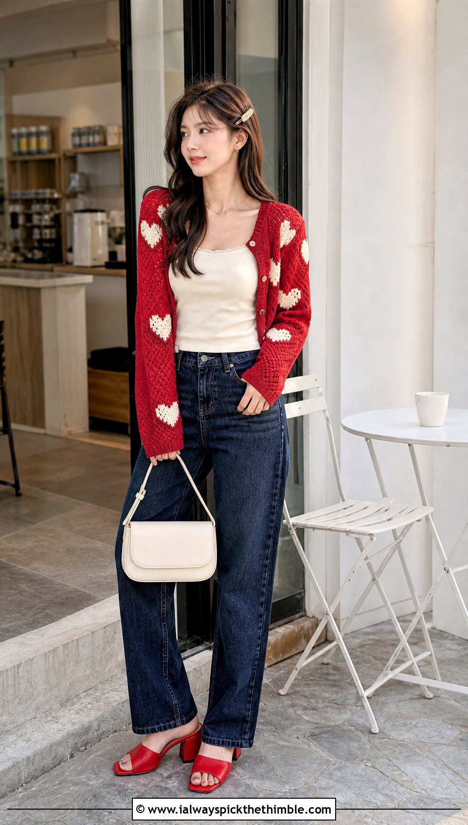 Heart Motif Crochet Y2K Cardigan With Straight Leg Jeans - 20 Crochet Y2K Cardigan outfit ideas