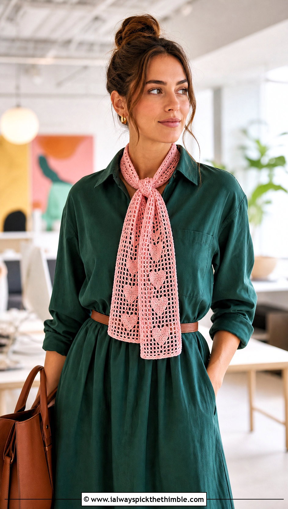Heart Motif Filet Crochet Scarf With A Shirt Dress - 25 filet crochet scarf outfit ideas