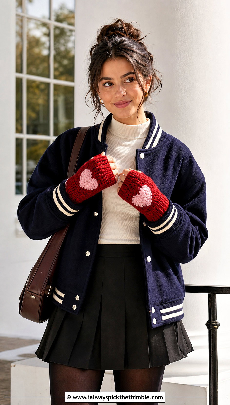 Heart Motif Handwarmers With Varsity Jacket And Mini Skirt - 25 crochet handwarmers outfit ideas