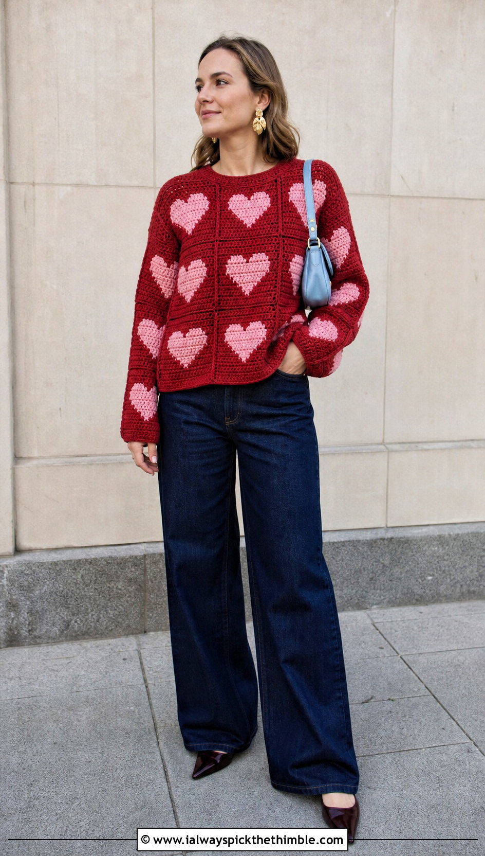 Heart Motif Tapestry Crochet Jumper With Wide Leg Jeans - 20 Tapestry Crochet Jumper outfit ideas