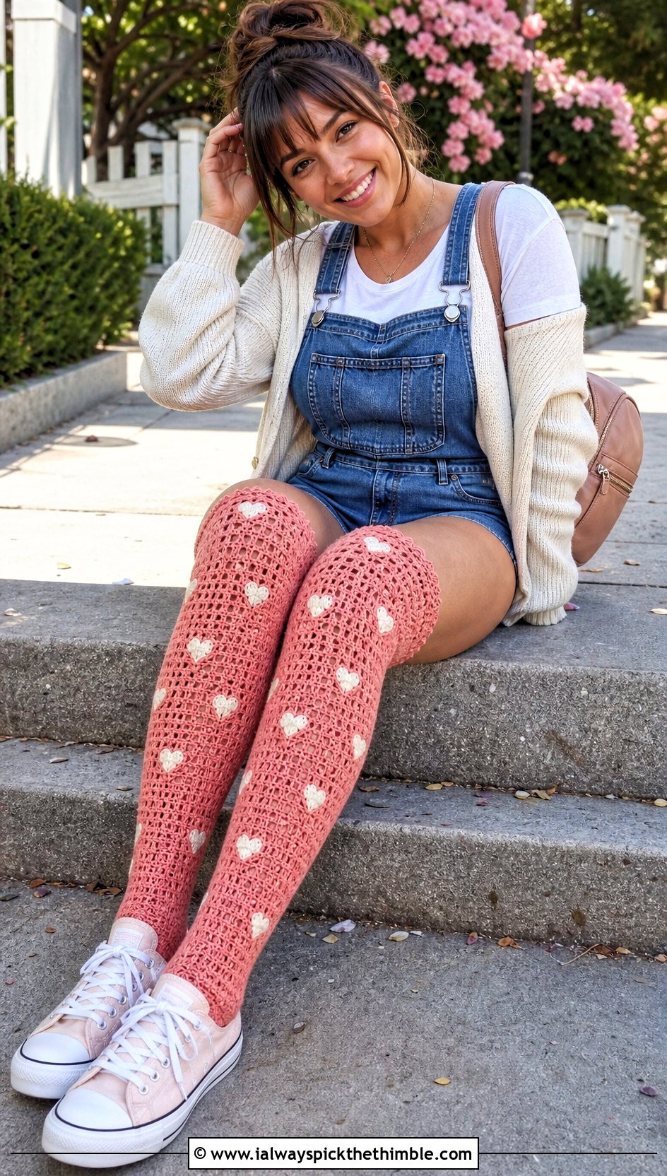 Heart Motif Thigh High Crochet Socks With Overalls - 25 thigh high crochet socks outfit ideas