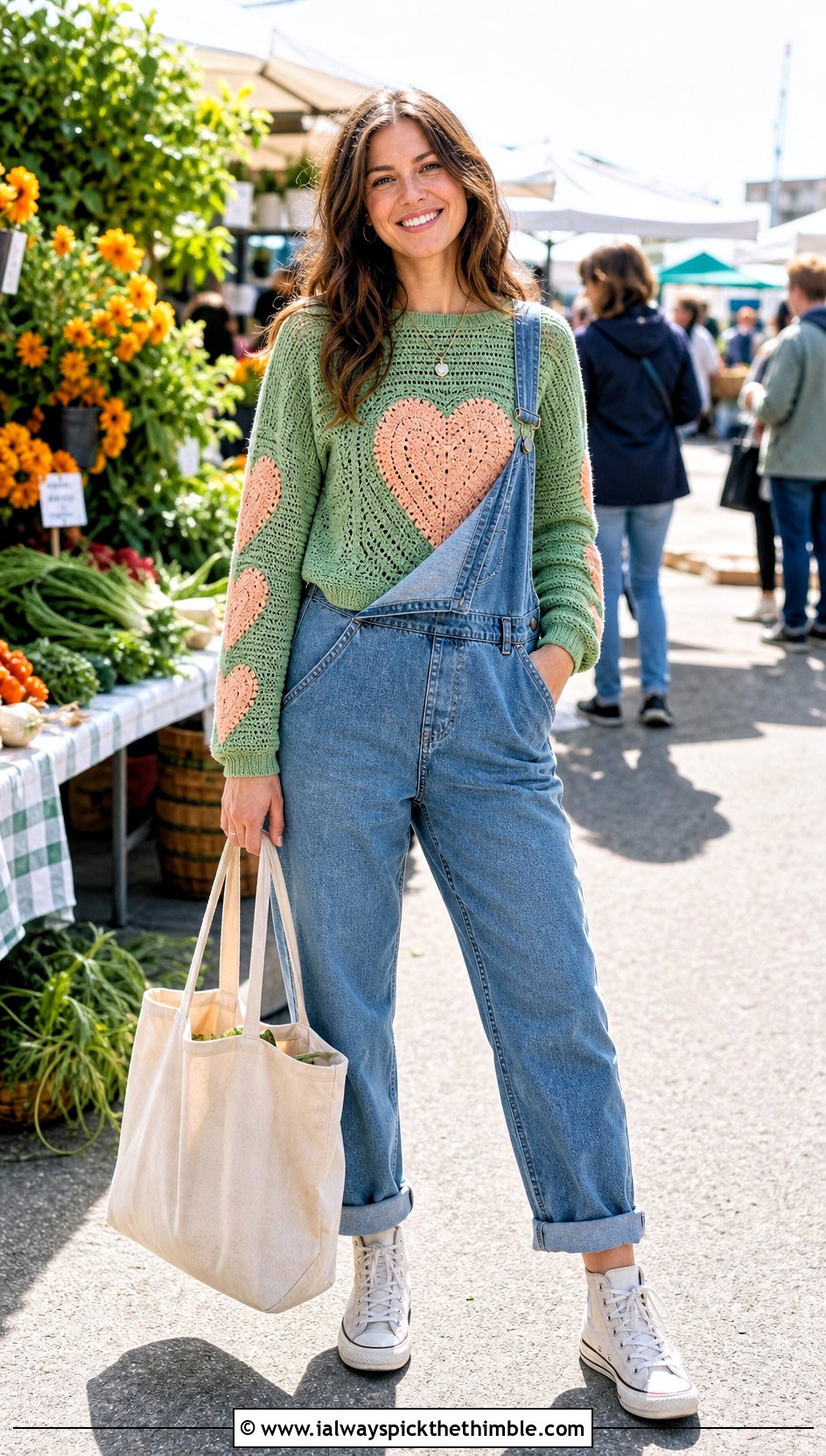 Heart Panel Cardigan With Denim Overalls - 25 crochet heart cardigan outfit ideas