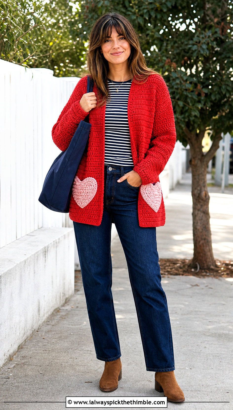 Heart Pocket Cardigan With Straight Leg Jeans - 25 crochet heart cardigan outfit ideas