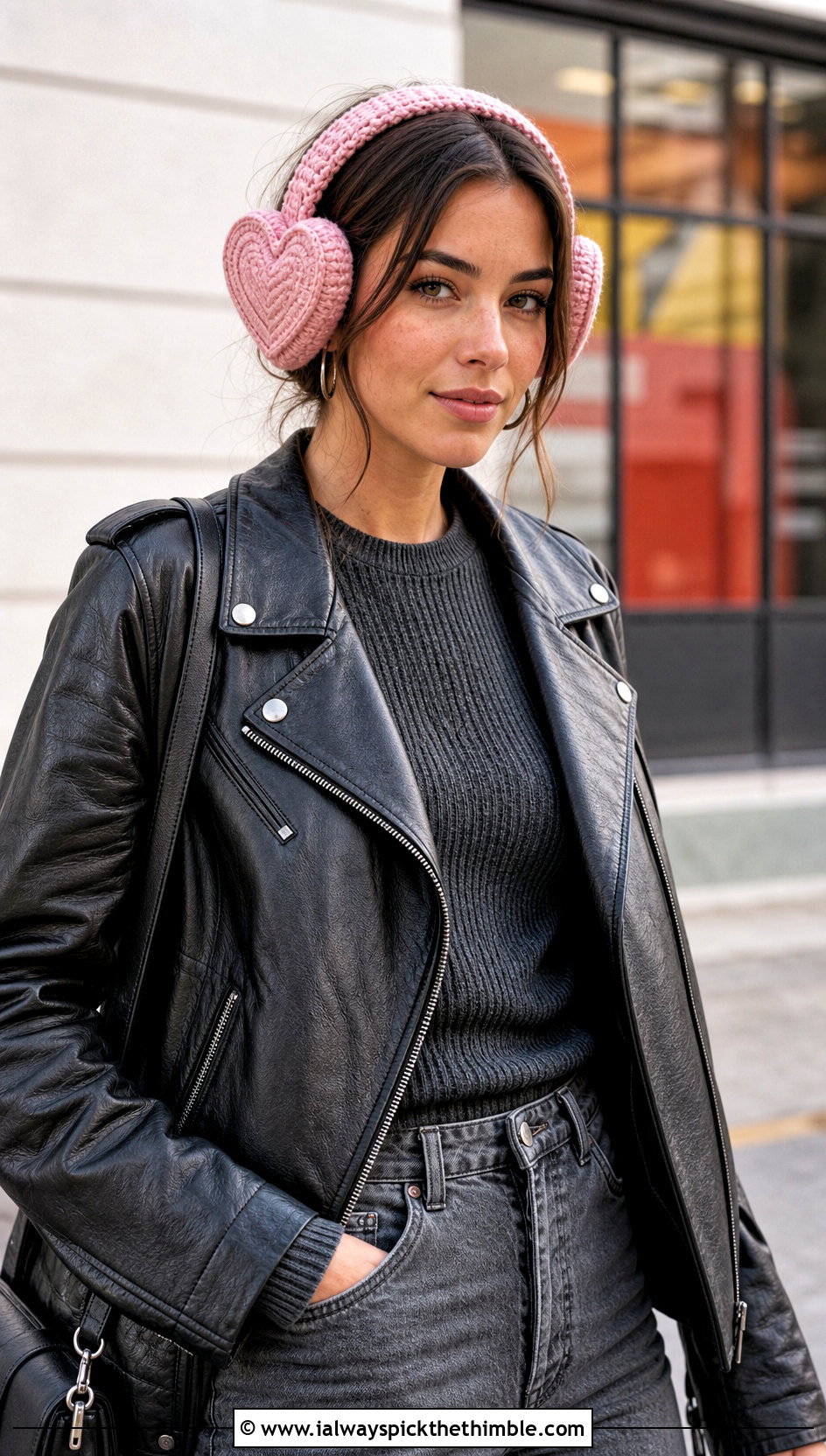 Heart Shaped Crochet Earmuffs Headband With Leather Jacket - 20 Crochet Earmuffs Headband outfit ideas