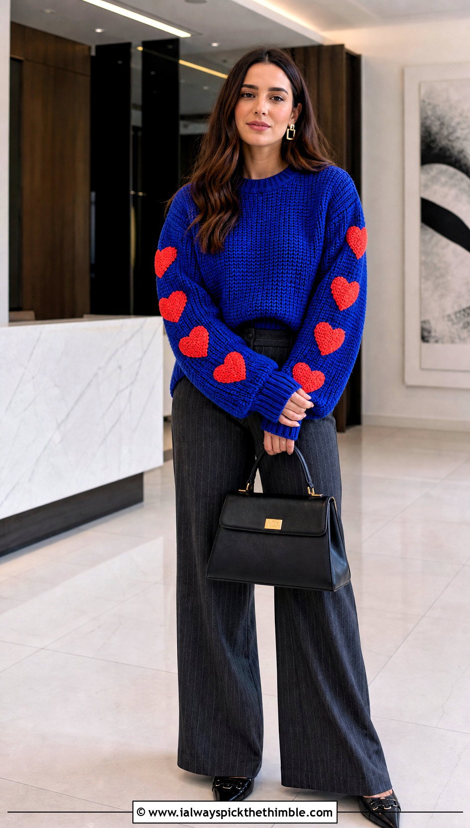 Heart Sleeve Crochet Sweater With Pinstripe Pants - 25 crochet heart sweater outfit ideas