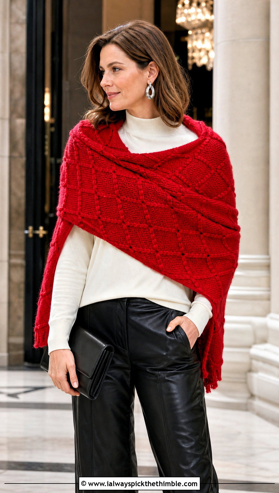 Hearty Diamonds Textured Shawl With Leather Pants - 15 hearty diamonds shawl by k.a.m.e. crochet outfit ideas