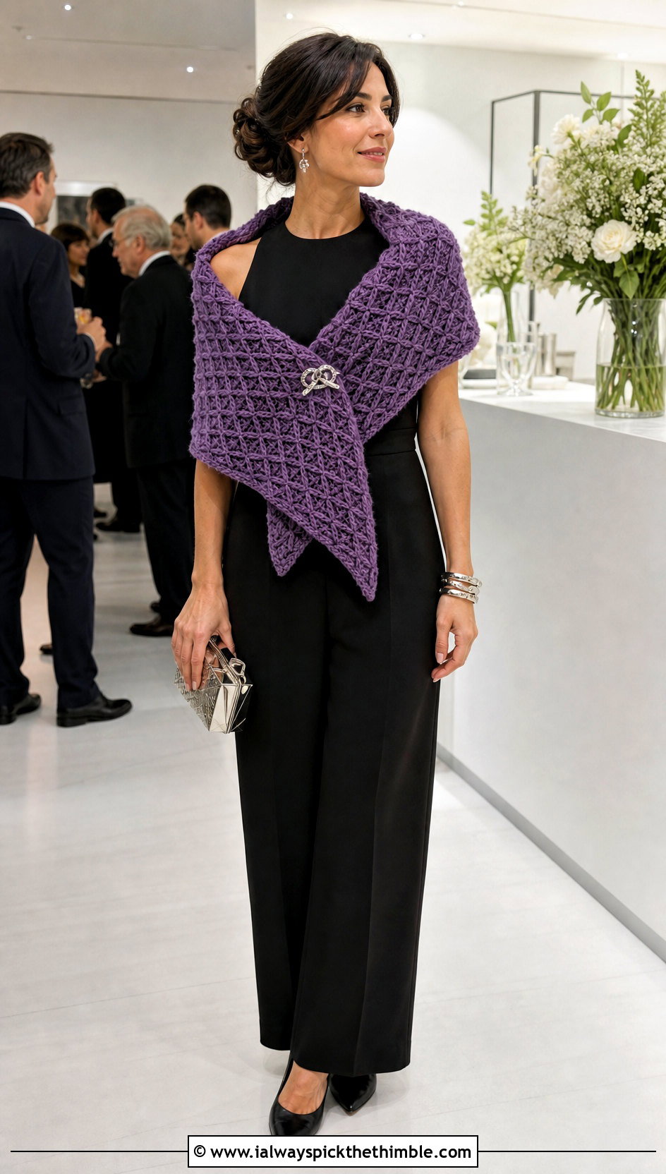Hearty Diamonds Textured Triangle Wrap With Column Jumpsuit - 15 hearty diamonds shawl by k.a.m.e. crochet outfit ideas