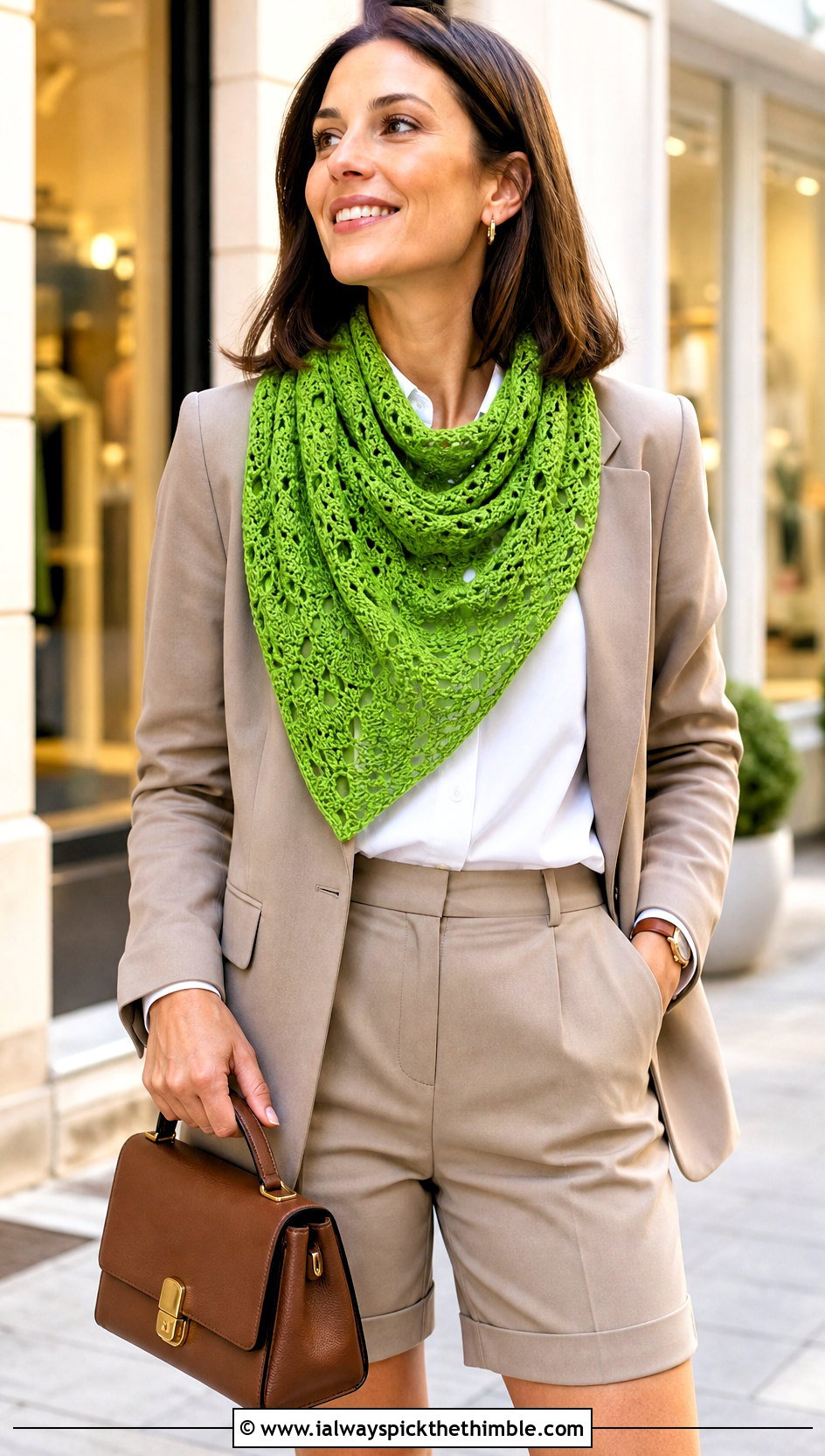 Hearty Diamonds Triangle Wrap With Bermuda Shorts Suit - 15 hearty diamonds shawl by k.a.m.e. crochet outfit ideas