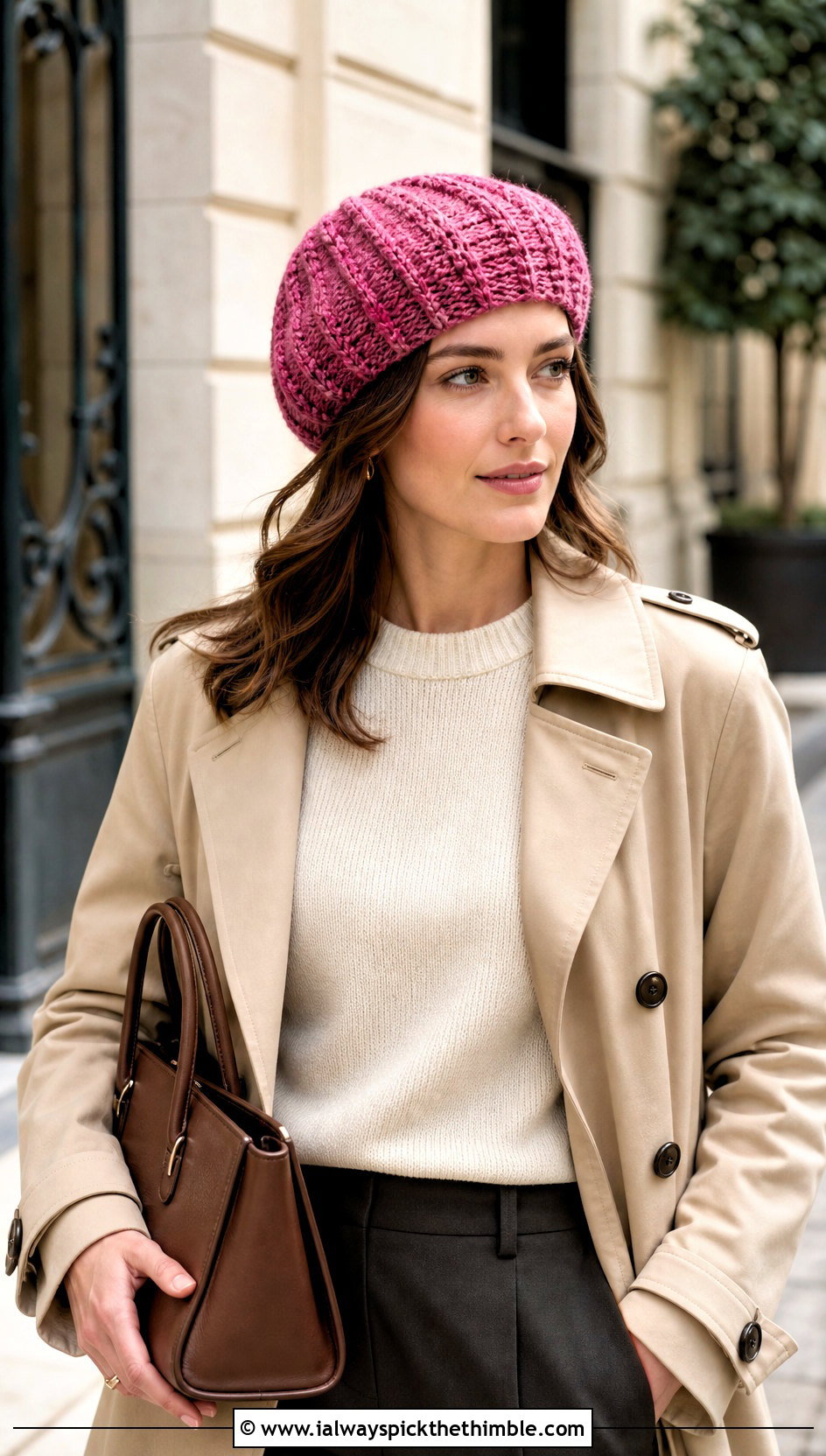 Heathered Magnolia Crochet Beret With Trench Coat - 15 magnolia crochet beret outfit ideas