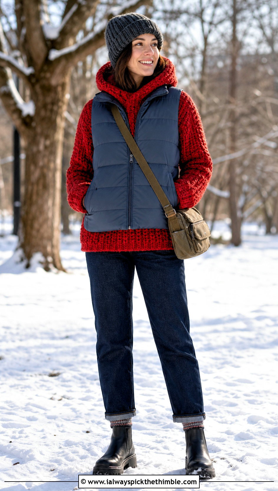 Heavyweight Crochet Turtleneck Hoodie With Puffer Vest - 20 crochet turtle neck hoodie outfit ideas