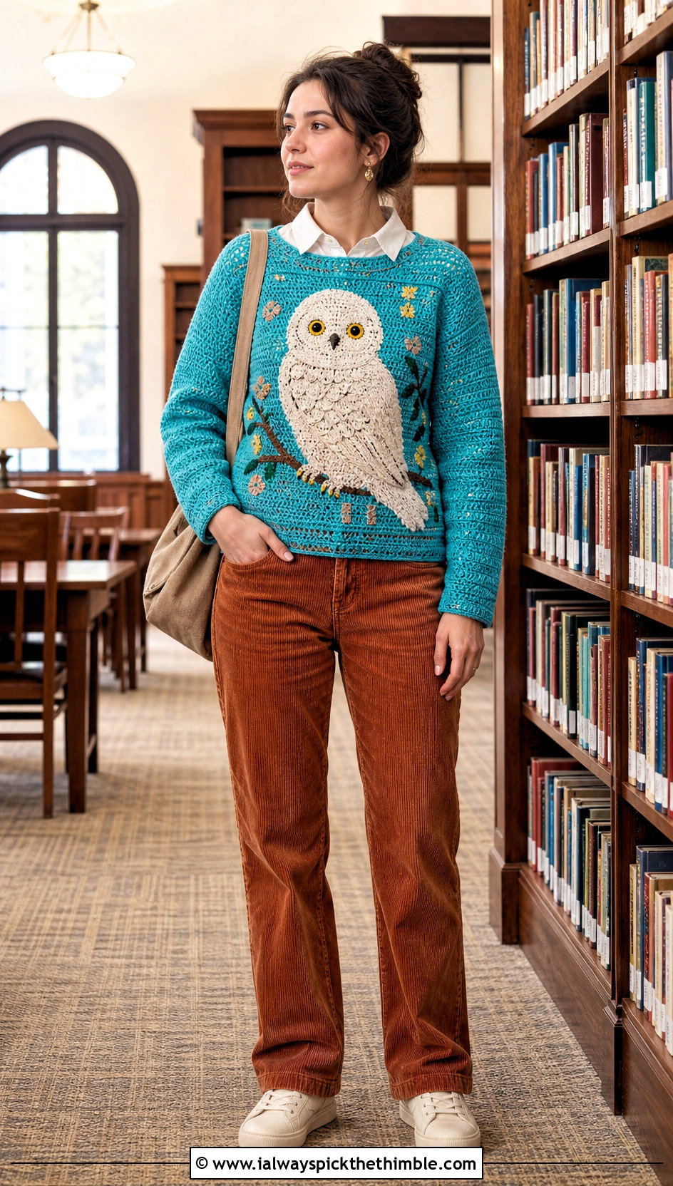 Hedwig Tapestry Crochet Sweater With Corduroy Pants - 20 Harry Potter Crochet Sweater outfit ideas