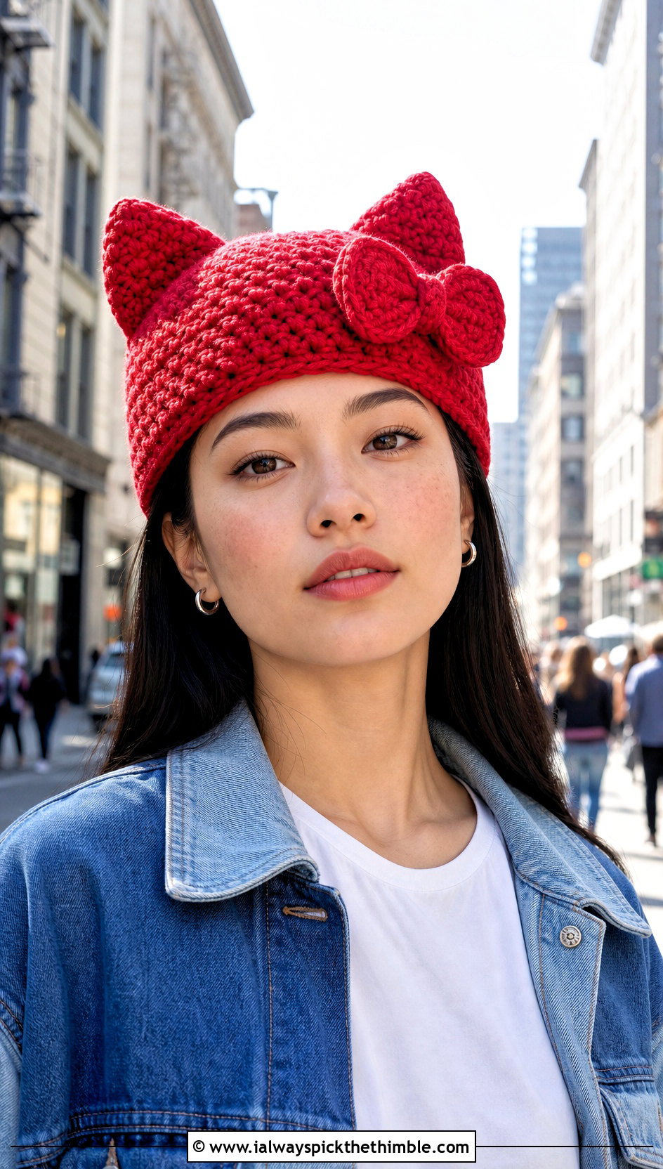 Hello Kitty Cat Ear Crochet Beanie With Denim Jacket - 20 sanrio crochet beanie outfit ideas