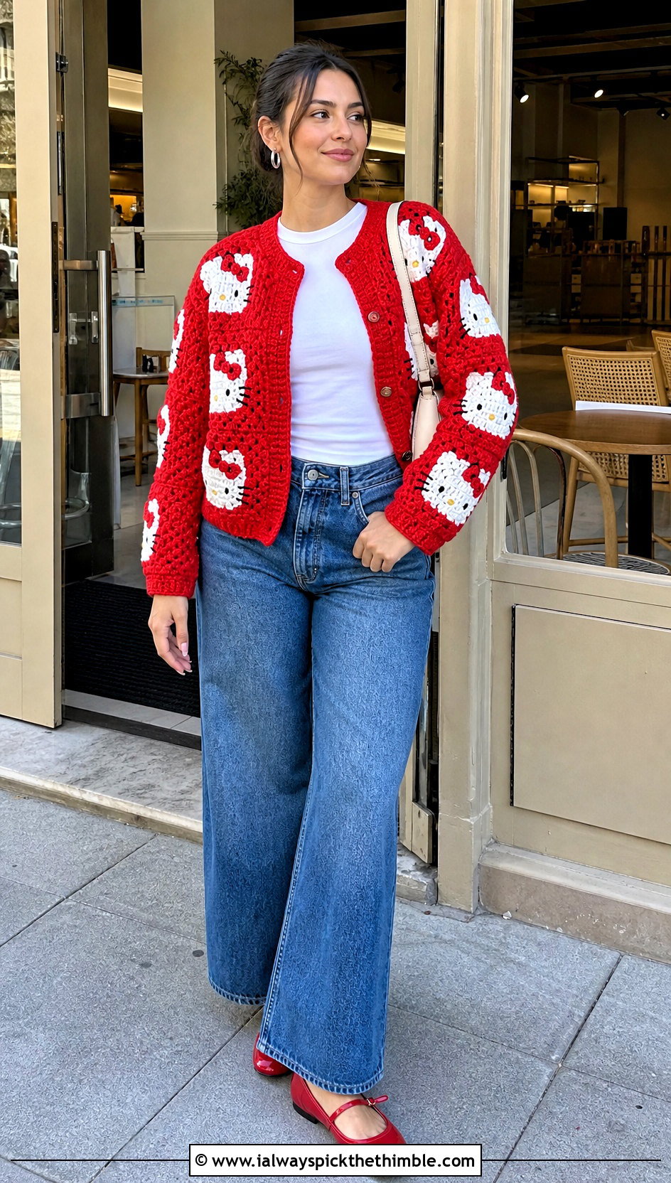 Hello Kitty Crochet Cardigan With Wide Leg Jeans - 20 Sanrio Crochet Clothes and outfit ideas