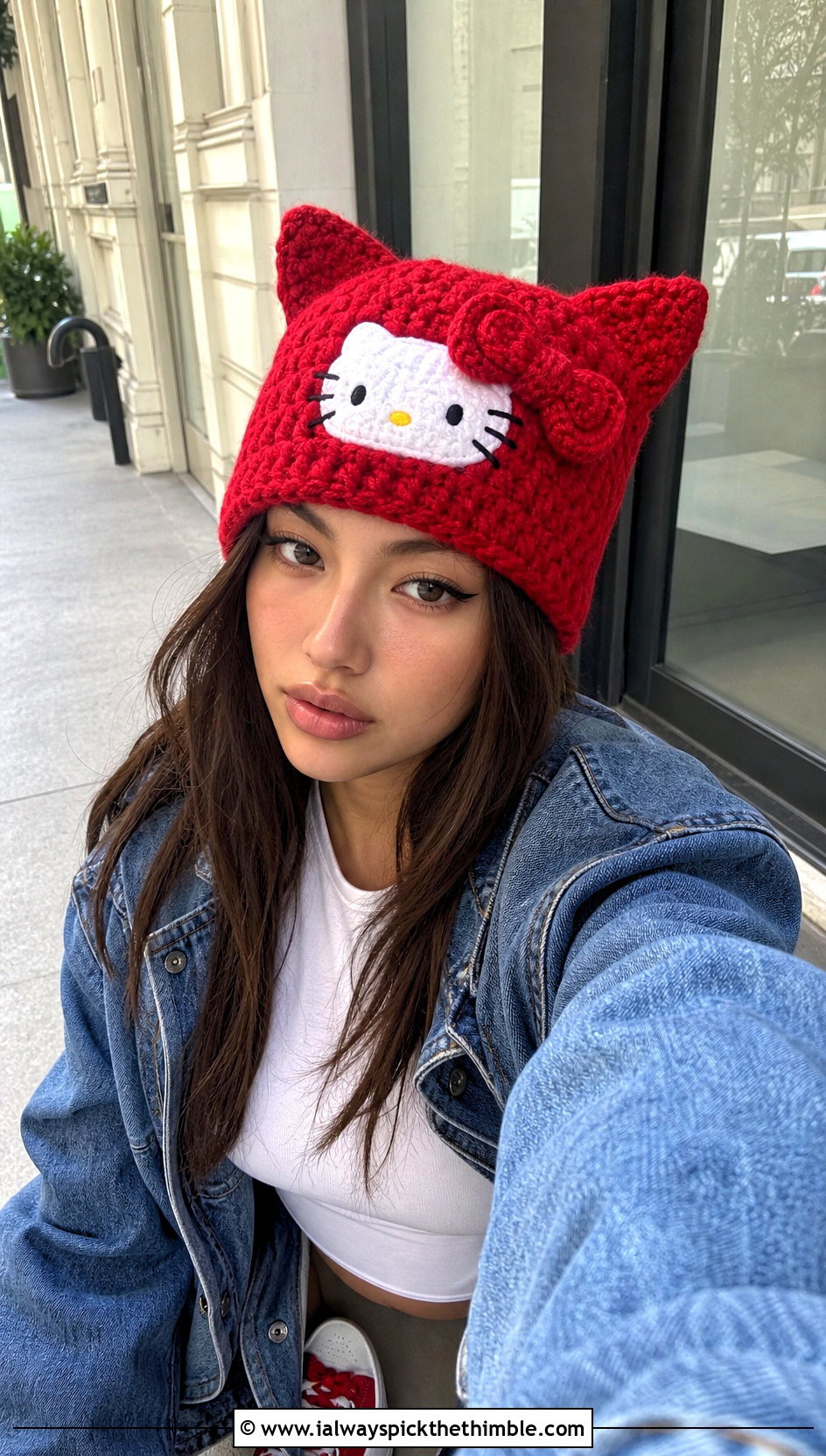 Hello Kitty Crochet Cat Ear Beanie With Denim Jacket - 20 sanrio crochet hat outfit ideas