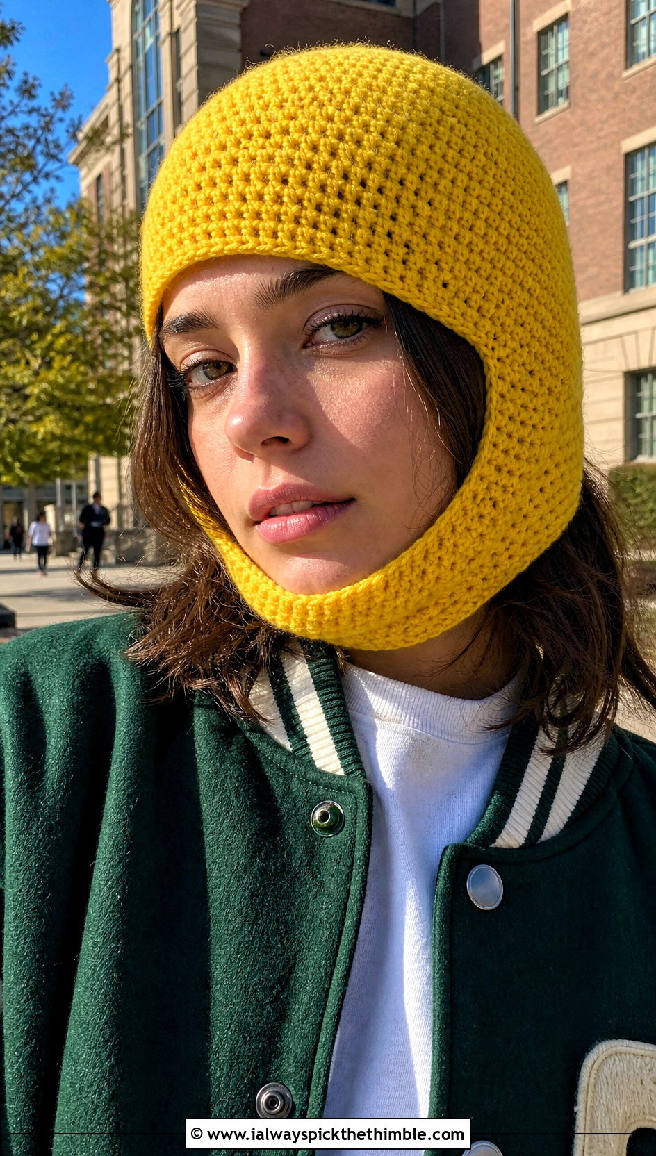 Helmet Style Crochet Balaclava With Varsity Jacket - 25 crochet balaclava outfit ideas