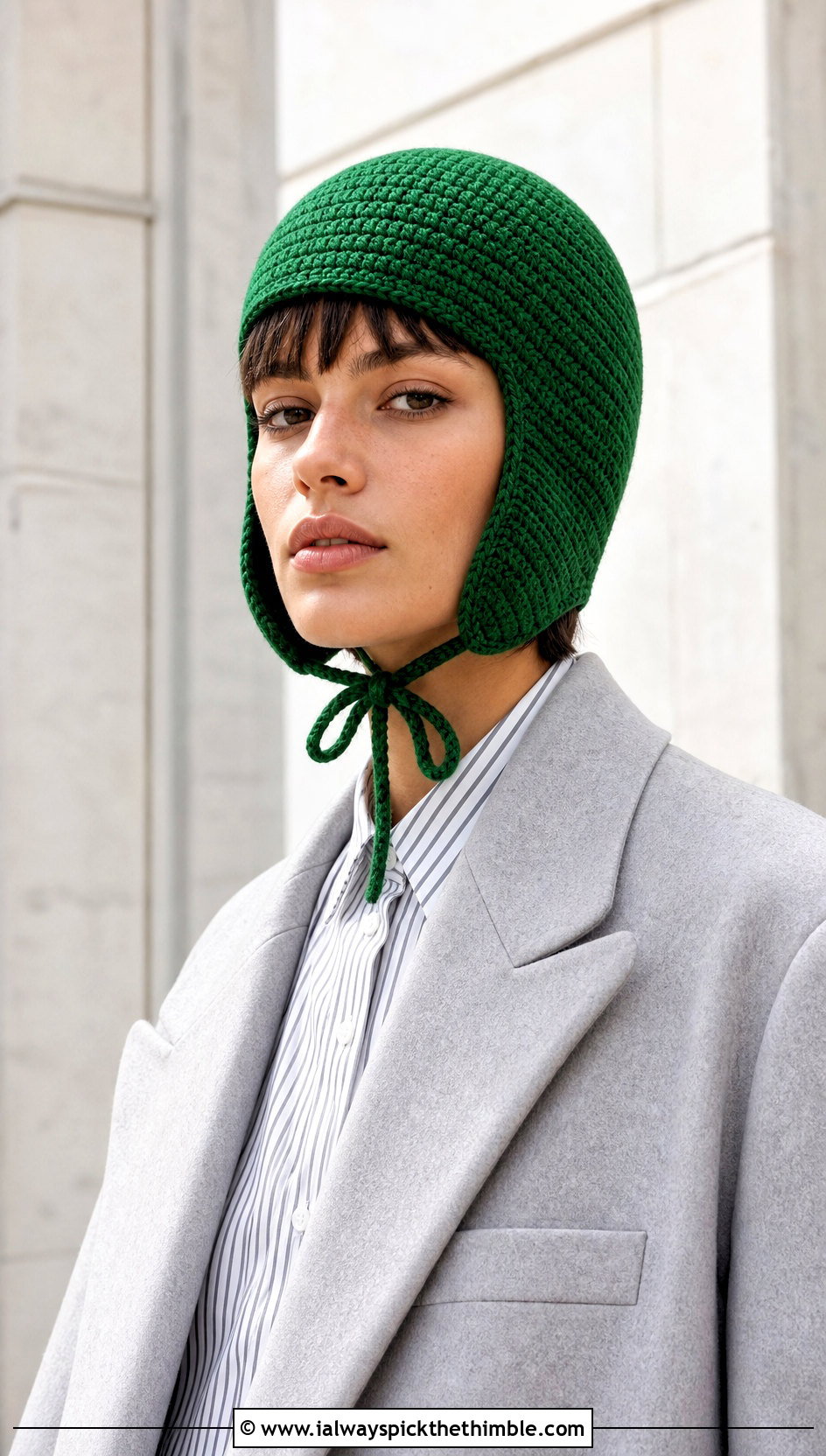 Helmet Style Crochet Ear Flap Hat With Tailored Overcoat - 20 crochet adult ear flap hat outfit ideas