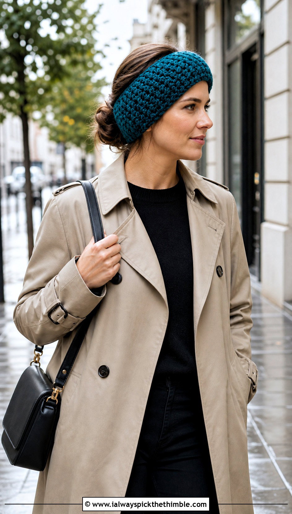Herringbone Bulky Yarn Crochet Ear Warmer With Trench Coat - 20 Bulky Yarn Crochet Ear Warmer outfit ideas